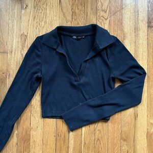 Zara Black Long Sleeve Women's Collared Top